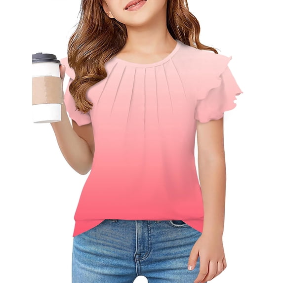 Arshiner Girls Summer Blouse Ruffle Short Sleeve Pleated Crewneck Casual Tops Tees Blouses