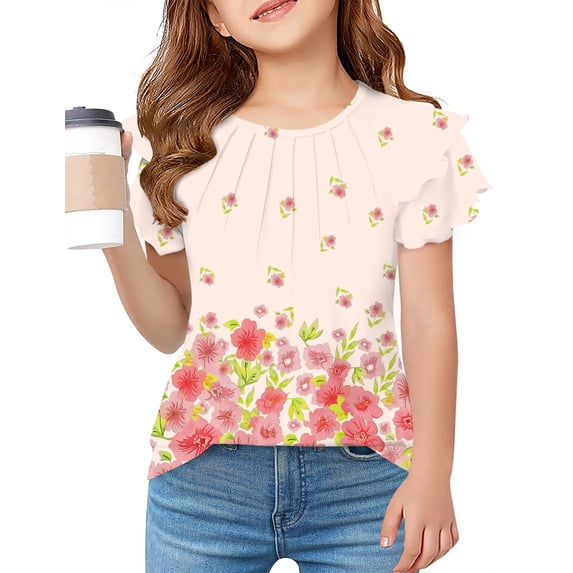 Arshiner Girls Summer Blouse Ruffle Short Sleeve Pleated Crewneck Casual Tops Tees Blouses