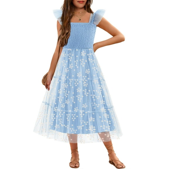 Arshiner Summer Dress for Girls Easter Blue Floral Ruffle Sleeve Smocked Tulle Flowy Tiered Dresses Size 7-8