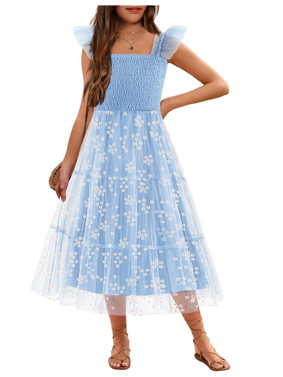 Girls Summer Dress Tulle Ruffle Sleeve Smocked Cami Maxi Tiered Casual Tween Sundress