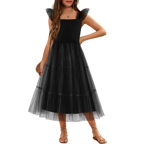 Arshiner Girls Summer Dress Black Tulle Ruffle Sleeve Smocked Cami Maxi Tiered Casual Tween Sundress Size 10-12