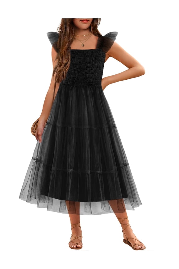 Girls Summer Dress Black Tulle Ruffle Sleeve Smocked Cami Maxi Tiered Casual Tween Sundress Size 10-12