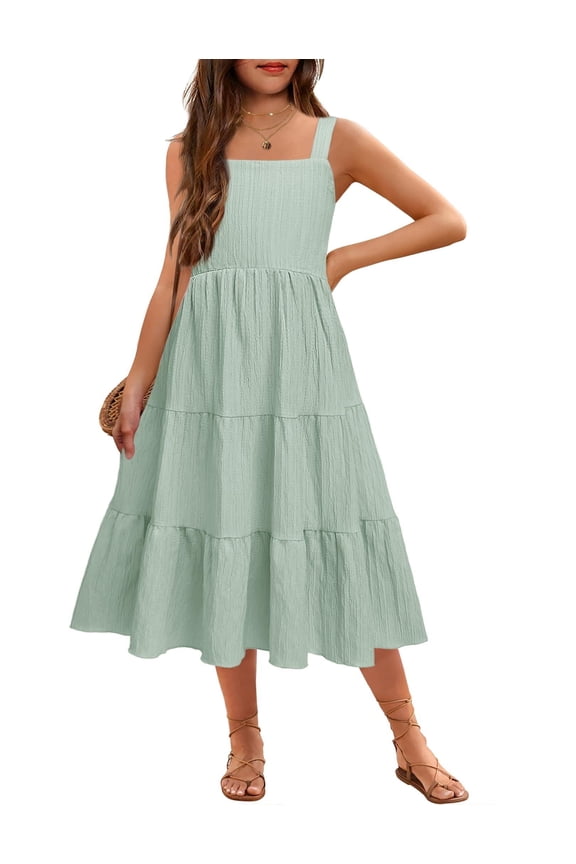 Girls Summer Dress Boho Spaghetti Strap Square Neck Solid A Line Beach Long Dress with Pockets Mint Green 9-10 Years
