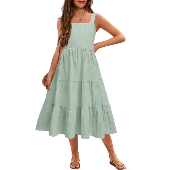 Arshiner Girls Summer Dress Boho Spaghetti Strap Square Neck Solid A Line Beach Long Dress with Pockets Light Blue 9-10 Years