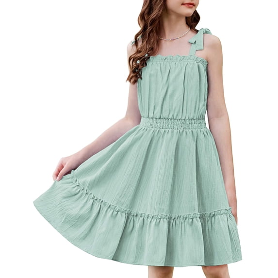 Arshiner Girls Summer Dress Bow-Tie Straps Sleeveless Flowy Ruffle Trim Boho Beach Casual Sundress