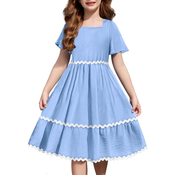 Arshiner Girls Summer Dress Flutter RIC Rac Tiered Short Sleeve Square Neck Casual Midi Dresses with Pockets