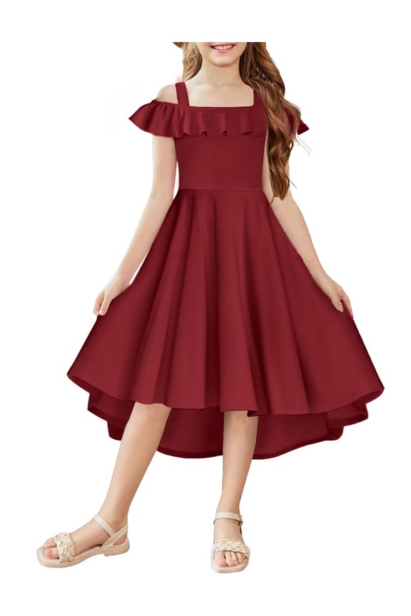 Girls Summer Dress Off Shoulder Flutter Sleeve Midi Swing Cassual Formal Dresses with Pocket