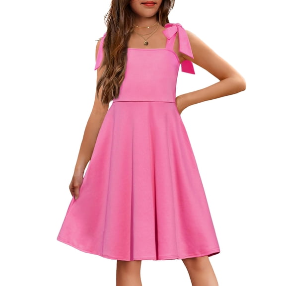 Arshiner Girls Summer Dress Tie Strap Sleeveless Solid Color Square Neck Party Dresses 6-11 Y