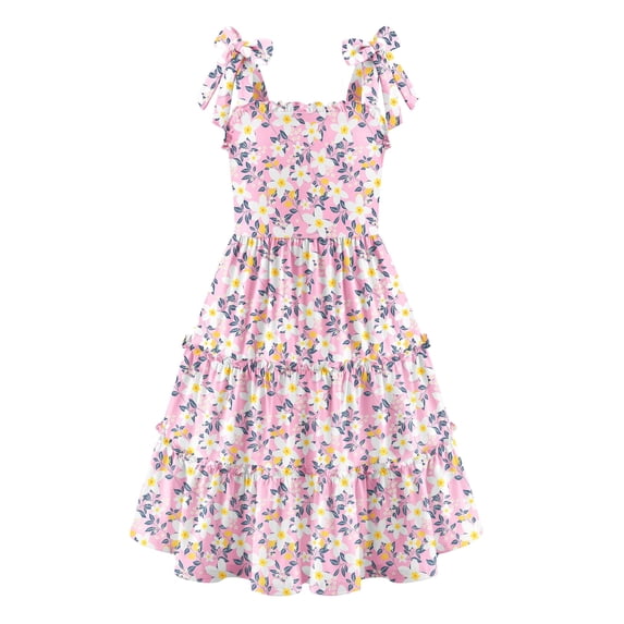 Arshiner Girls Summer Dress Tween Boho Casual Bowknot Strap Sleeveless Swing Flowy Ruffle Tiered Sundresses with Pockets