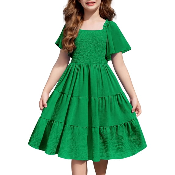 Arshiner Girls Summer Dress Tween Casual Smocked Swing Flowy Ruffle Midi Dresses with Pockets