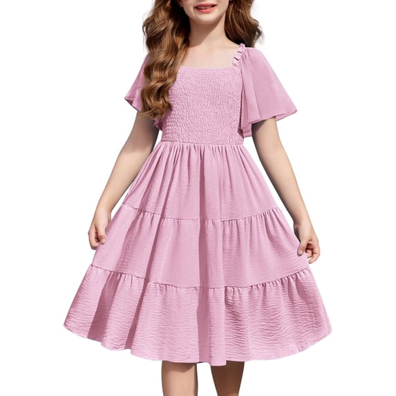 Arshiner Girls Summer Dress Tween Casual Smocked Swing Flowy Ruffle Midi Dresses with Pockets