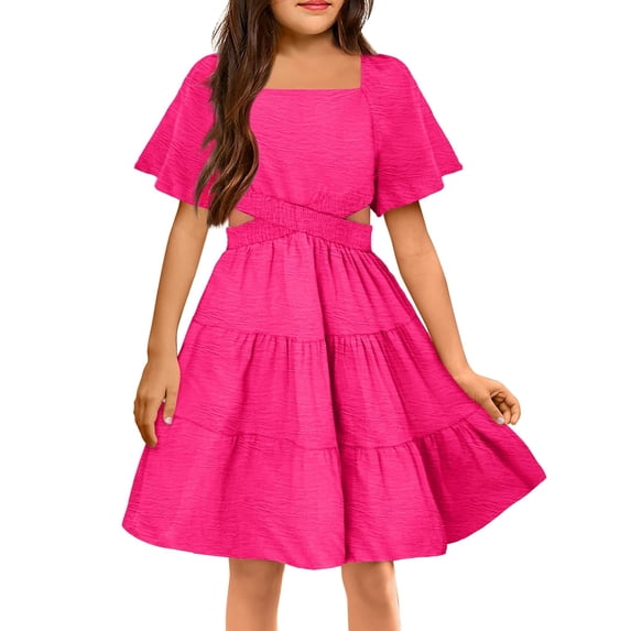 Arshiner Girls Summer Dresses Chic Waist Hollow Square Neck Shirred Ruffle Hem A-Line Dress
