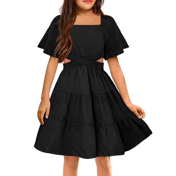 Arshiner Girls Summer Dresses Chic Waist Hollow Square Neck Shirred Ruffle Hem A-Line Dress