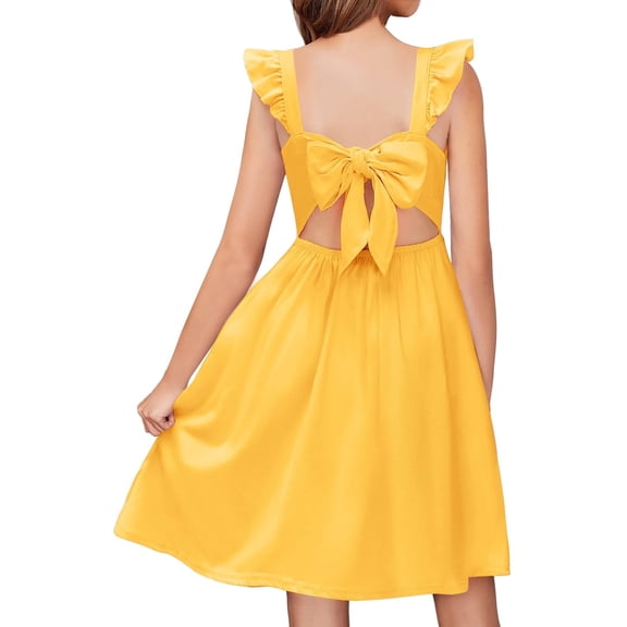 Arshiner Girls Summer Dresses Tie Back A-Line Swing Midi Dress with Pockets