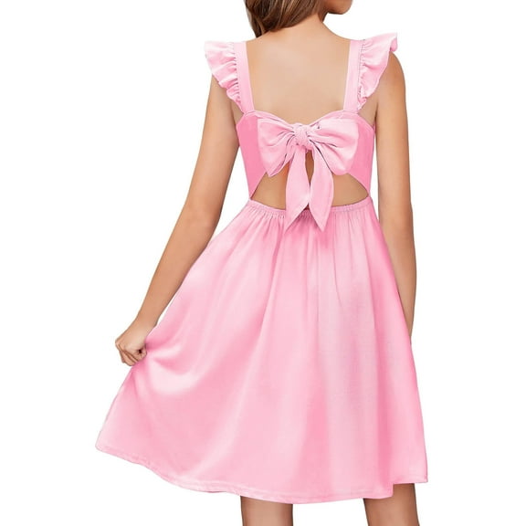 Arshiner Girls Summer Dresses Square Neck Ruffle Sleeve Tie Back A-Line Swing Casual Midi Dress with Pockets