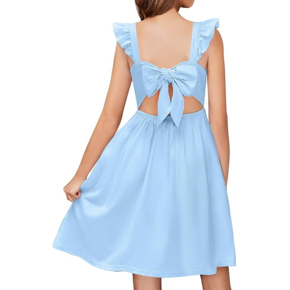 Arshiner Girls Summer Dresses Square Neck Ruffle Sleeve Tie Back A-Line Swing Casual Midi Dress with Pockets
