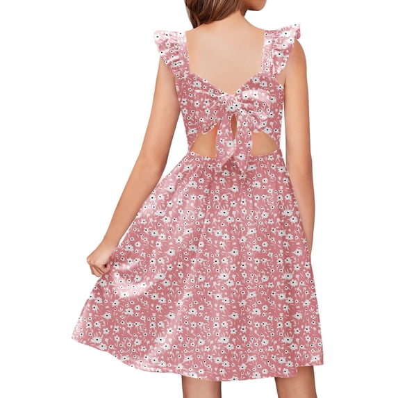 Arshiner Girls Summer Dresses Tie Back A-Line Swing Midi Dress with Pockets