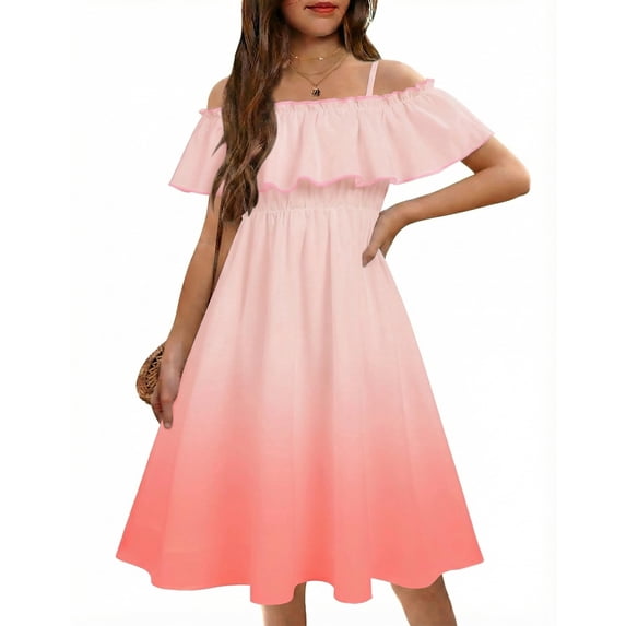 Arshiner Girls Summer Floral Ruffle Sundress Cold Shoulder Casual Holiday Dresses