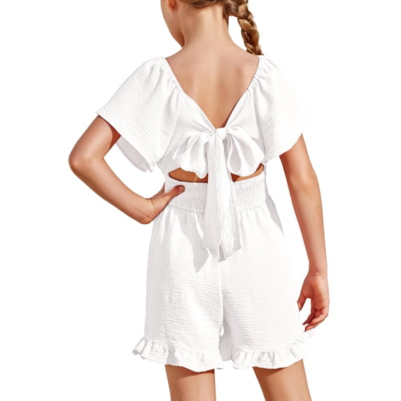 Arshiner Girls Summer Jumpsuits Tie Back Off Shoulder Short Sleeve One Piece Rompers Ruffle Smocked Casual Shorts Outfits