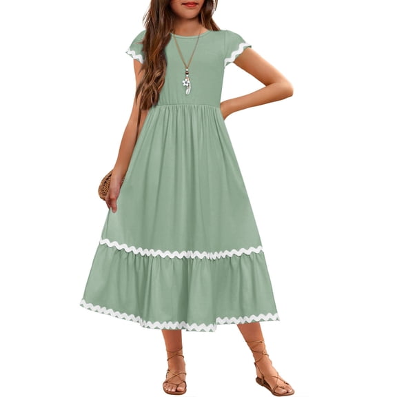 Arshiner Girls Summer Maxi Dresses Short Sleeve Casual Flowy Tiered