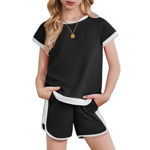 Arshiner Girls Summer Outfits 2 Piece Clothes Color Block Drop Shoulder Sleeve Top and Casual Short Sets Activewear