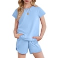 thumbnail image 1 of Arshiner Girls Summer Outfits 2 Piece Clothes Color Block Drop Shoulder Sleeve Top and Casual Short Sets Activewear, 1 of 6