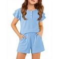 thumbnail image 1 of Arshiner Girls Summer Outfits 2 Piece Sets Ruffle Short Sleeve Button Down Shirts and Shorts Set Kids Clothes with Pockets, 1 of 8