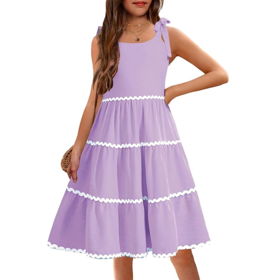 Arshiner Girls Summer Sleeveless Bow-Tie Straps Sundress Flowy Smocked Tiered Lace Swing Midi Dress with Pockets