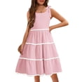 thumbnail image 1 of Arshiner Girls Summer Sleeveless Bow-Tie Straps Sundress Flowy Smocked Backless Tiered Lace Swing Midi Dress with Pockets, 1 of 6