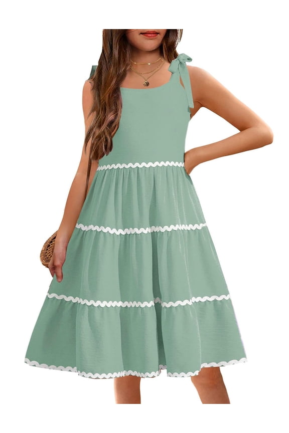 Girls Summer Sleeveless Bow-Tie Straps Sundress Flowy Smocked Backless Tiered Lace Swing Midi Dress with Pockets