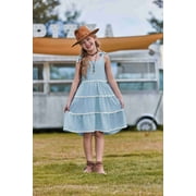 ARSHINER Girls Summer Sleeveless Bow-Tie Straps Sundress Flowy Smocked Backless Tiered Lace Swing Midi Dress with Pockets Light Blue Tween 9-10 Y