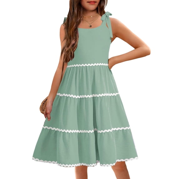 Arshiner Girls Summer Sleeveless Bow-Tie Straps Sundress Flowy Smocked Tiered Lace Swing Midi Dress with Pockets