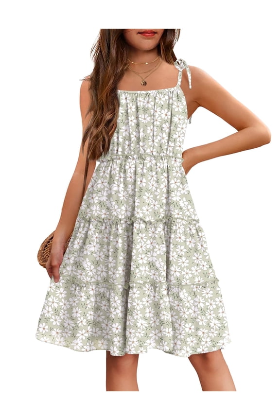 Girls' Summer Sundress Blue-floral Boho Spaghetti Strap Ruffled Tiered Midi Dresses Casual Cami Dress Size 12-13Y