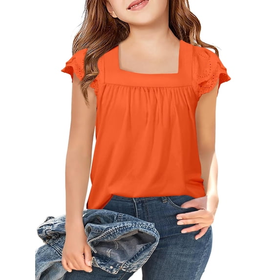 Arshiner Girls Summer Tops Short Sleeve Square Neck Lace Openwork Pleated Blouse Tunic Tops