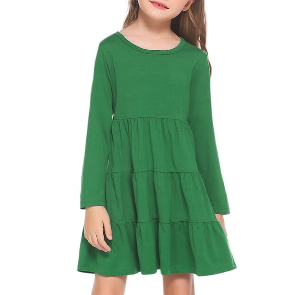 Arshiner Girls Long Sleeve Dress Fall Cotton Crewneck Tiered Ruffle Swing Solid Casual Midi Dresses