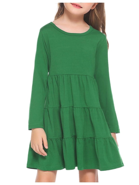 Girls Long Sleeve Dress Fall Cotton Crewneck Tiered Ruffle Swing Solid Casual Midi Dresses