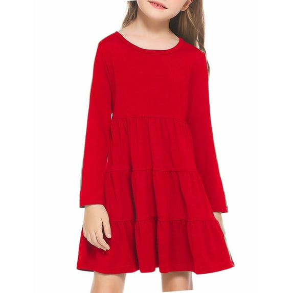 Arshiner Girls Long Sleeve Dress Fall Cotton Crewneck Tiered Ruffle Swing Solid Casual Midi Dresses