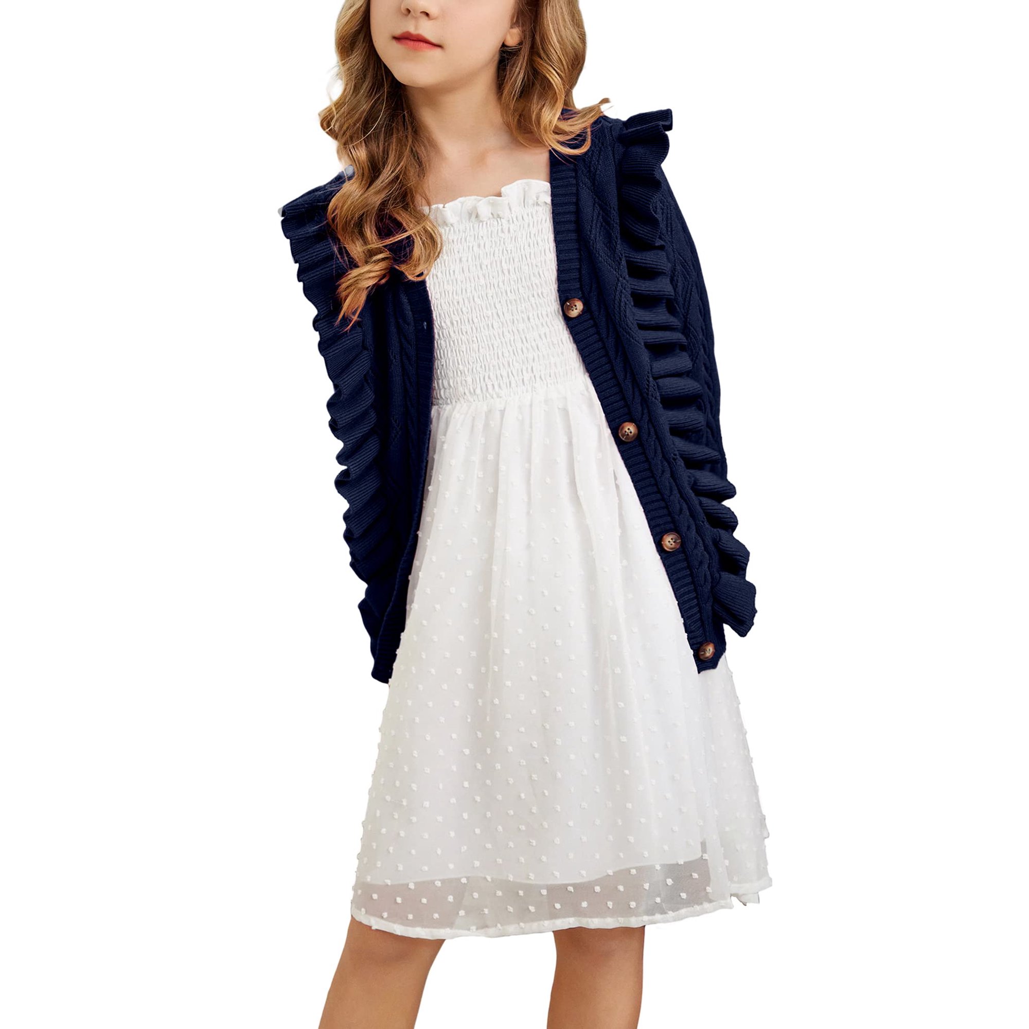 Arshiner Girls' Sweaters Cute Ruffled Trim Short Cardigan Light Button  Front Knit Sweater Fall V Neck Long Sleeve Preppy Sweater Pointelle Y2k  Clothes Navy Blue for 5-6 Years - Walmart.com