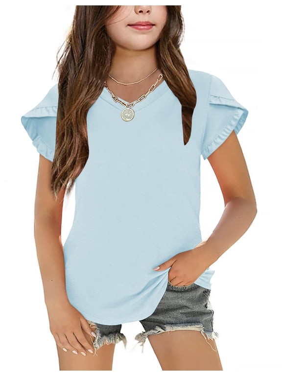 Girls T Shirts Double Layer Ruffle Short Sleeve Casual V Neck Kids Summer Tops Blouse Tee