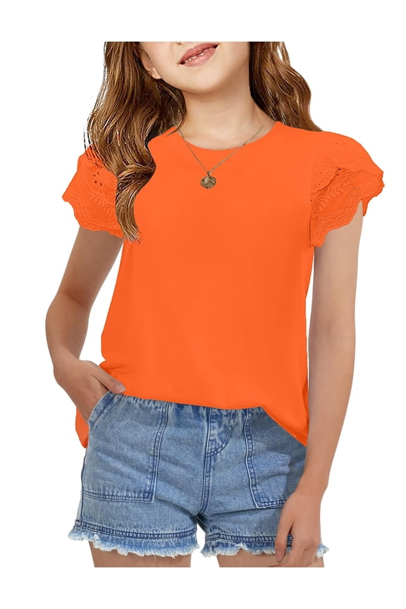 Girls T Shirts Lace Petal Short Sleeves Kids Crewneck Casual Blouse Summer Tops Tees
