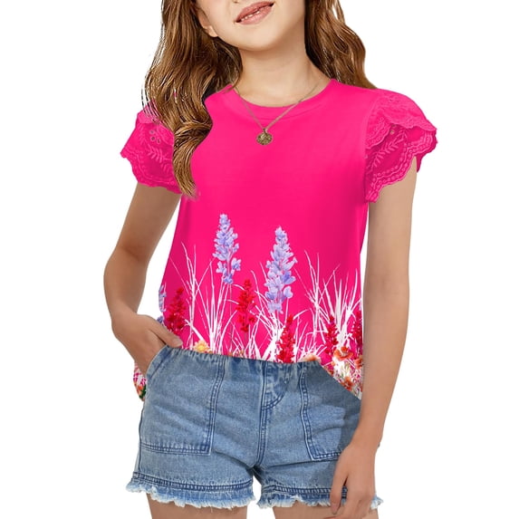Arshiner Girls T Shirts Lace Petal Short Sleeves Kids Crewneck Casual Blouse Summer Tops Tees