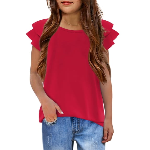 Arshiner Girls T Shirts Ruffle Short Sleeve Round Neck Loose Blouse Summer Solid Color Casual Girl Tee Tops