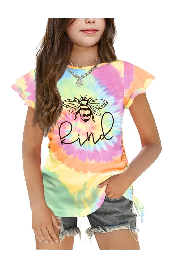Girls T Shirts Ruffle Short Sleeve Ruched Knot Side Tunic Blouse Summer Tee Tops
