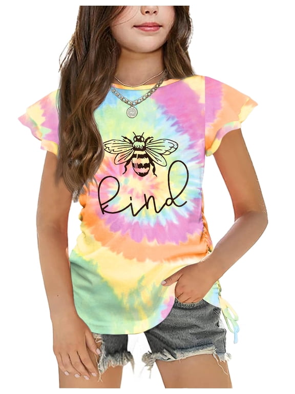 Girls T Shirts Ruffle Short Sleeve Ruched Knot Side Tunic Blouse Summer Tee Tops