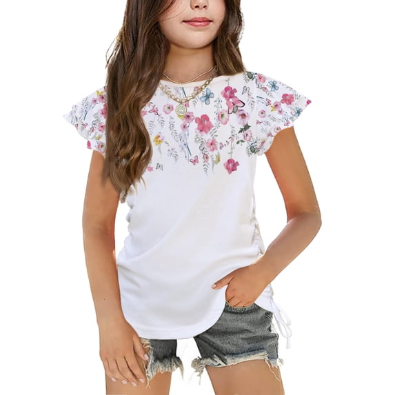 Arshiner Girls T Shirts Ruffle Short Sleeve Ruched Knot Side Tunic Blouse Summer Tee Tops