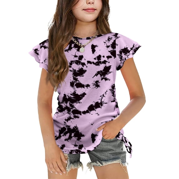 Arshiner Girls T Shirts Ruffle Short Sleeve Ruched Knot Side Tunic Blouse Summer Tee Tops