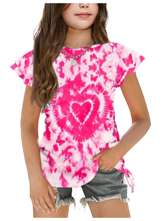 Girls T Shirts Ruffle Short Sleeve Ruched Knot Side Tunic Blouse Summer Tee Tops