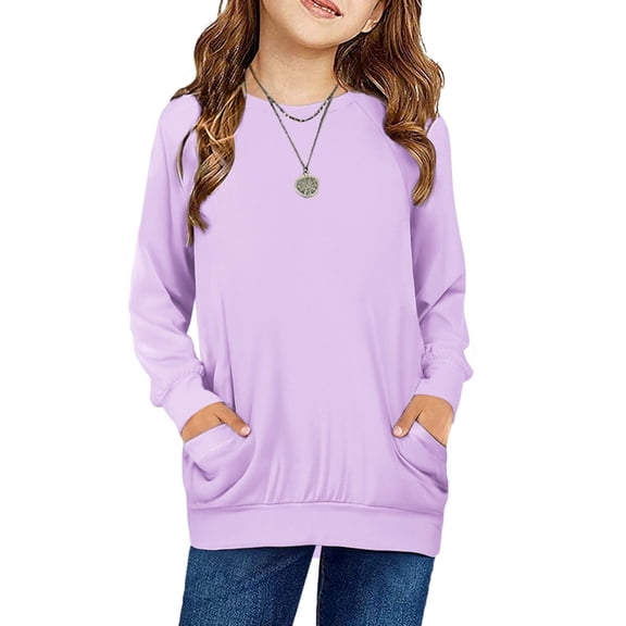 Arshiner Girls Tee Tops Pocket Girls Tops Long Sleeve Crewneck Blouse For Kids Soft Casual Kids Clothes Size 10-12 120 lavender