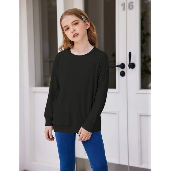 Arshiner Girls Tee Tops Pocket Girls Tops Long Sleeve Crewneck Blouse For Kids Soft Casual Kids Clothes Size 10-12 160 Black