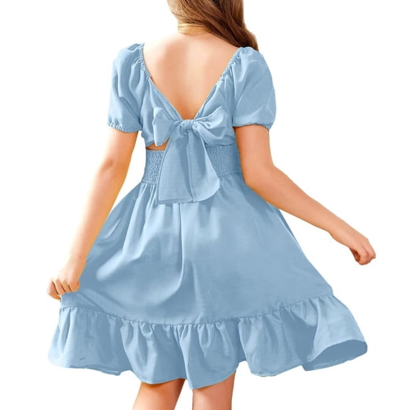 Arshiner Girls Kids Dress Short Sleeve Twirly Tie Back Casual Summer Tiered Dresses